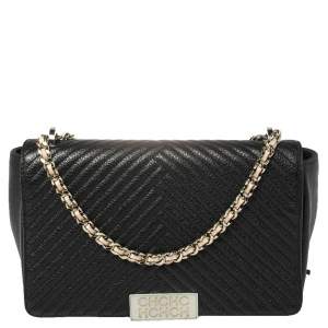 Pre Owned Carolina Herrera Black Chevron Leather Bimba Flap Bag