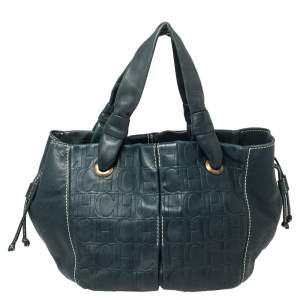 Pre Owned Carolina Herrera Dark Teal Blue Embossed Leather Side String Hobo