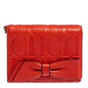 Pre Owned Carolina Herrera Orange Embossed Leather Bow Trifold Wallet