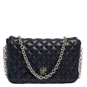 Pre Owned Carolina Herrera Black Quilted Leather Flap Crossbody Bag