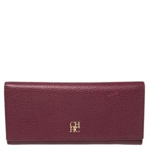 Pre Owned Carolina Herrera Burgundy Leather Flap Continental Wallet