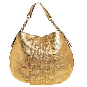 Pre Owned Carolina Herrera Gold Metallic Monogram Leather Chain Hobo