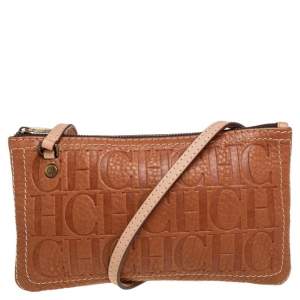 Pre Owned Carolina Herrera Tan Embossed Leather Shoulder Bag