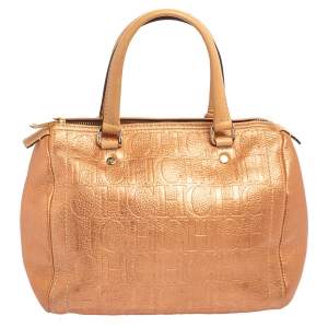 Pre Owned Carolina Herrera Metallic Rose Gold Embossed Leather Andy Boston Bag