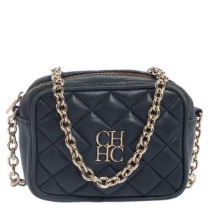 Pre Owned Carolina Herrera Blue Quilted Leather Chain Crossbody Bag