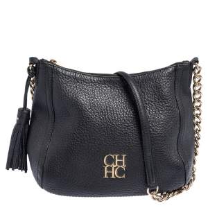 Pre Owned Carolina Herrera Black Leather Chain Tassel Shoulder Bag