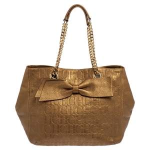 Pre Owned Carolina Herrera Metallic Gold Embossed Monogram Leather Audrey Tote 