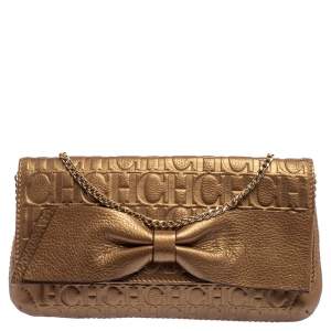 Pre Owned Carolina Herrera Gold Monogram Embossed Leather Bow Chain Clutch 
