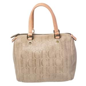 Pre Owned Carolina Herrera Beige Monogram Embossed Leather Andy Boston Bag