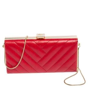 Pre Owned Carolina Herrera Red Chevron Leather Metal Frame Chain Clutch