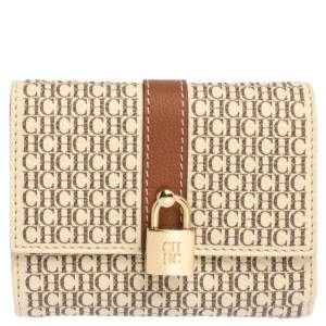 Pre Owned Carolina Herrera Beige/Brown Monogram Coated Canvas Flap Compact Wallet