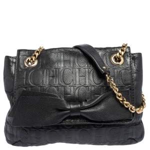 Pre Owned Carolina Herrera Black Embossed Leather Bow Flap Shoulder Bag
