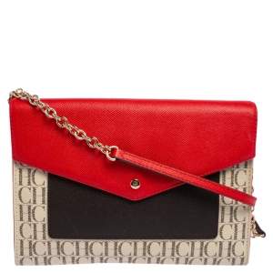 Pre Owned CH Carolina Herrera Red Signature Coated Canvas and Leather Envelope Flap Shoulder Bag