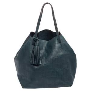 Pre Owned Carolina Herrera Teal Green Monogram Leather Matryoshka Tote