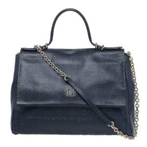 Pre Owned Carolina Herrera Navy Blue Embossed Leather Minuetto Flap Top Handle Bag