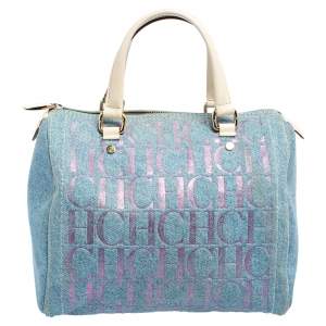 Pre Owned Carolina Herrera Blue Monogram Denim And Leather Andy Boston Bag