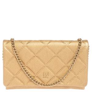 Pre Owned Carolina Herrera Gold Quilted Embossed Leather Flap Chain Clutch