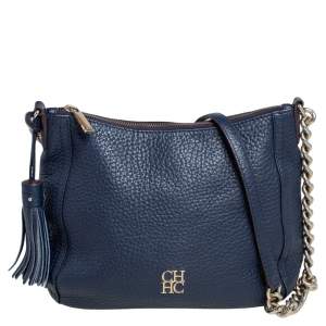 Pre Owned Carolina Herrera Navy Blue Pebbled Leather Maria Shoulder Bag