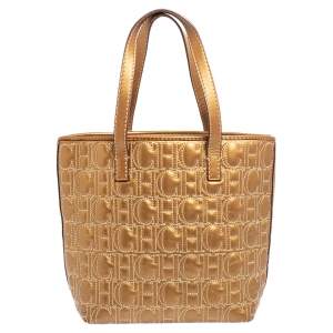 Pre Owned Carolina Herrera Gold Monogram Embossed Leather Tote