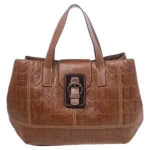 Pre Owned Carolina Herrera Brown Monogram Leather Tote
