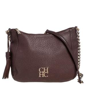 Pre Owned Carolina Herrera Dark Brown Leather Tassel Chain Shoulder Bag