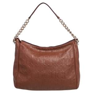 Pre Owned Carolina Herrera Brown Monogram Embossed Leather Chain Hobo