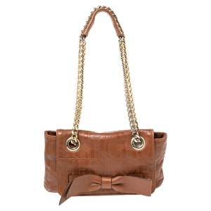Pre Owned Carolina Herrera Brown Embossed Monogram Leather Bow Chain Shoulder Bag