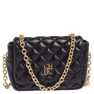 Pre Owned Carolina Herrera Black Quilted Leather Chain Crossbody Bag