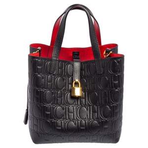 Pre Owned Carolina Herrera Black Monogram Embossed Leather Small Matryoshka Locked Tote