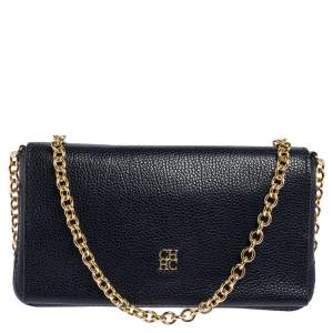 Pre Owned Carolina Herrera Navy Blue Leather Chain Clutch