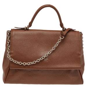 Pre Owned Carolina Herrera Brown Embossed Monogram Leather Minuetto Flap Top Handle Bag
