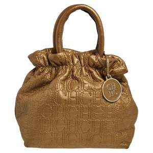 Pre Owned Carolina Herrera Gold Monogram Embossed Leather Bucket Bag