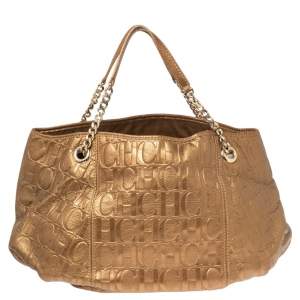 Pre Owned Carolina Herrera Gold Monogram Embossed Leather Chain Hobo