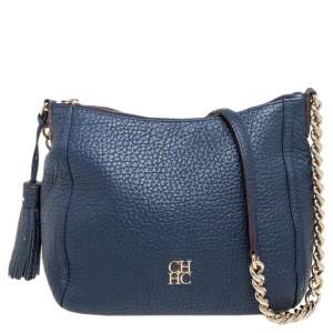 Pre Owned Carolina Herrera Navy Blue Leather Chain Tassel Shoulder Bag