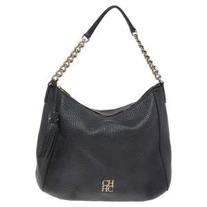 Pre Owned Carolina Herrera Black Pebbled Leather Chain Shoulder Bag