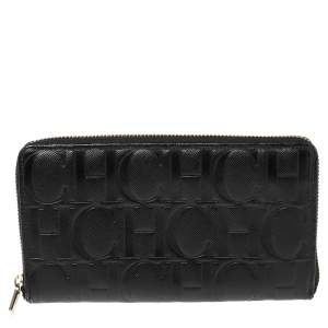 Pre Owned Carolina Herrera Black Monogram Leather Zip Around Wallet