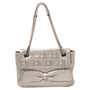 Carolina Herrera Metallic Silver Monogram Leather Audrey Shoulder Bag