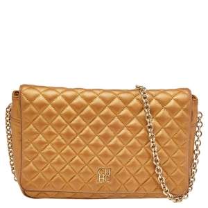 Pre Owned Carolina Herrera Gold Quilted Leather Flap Chain Shoulder Bag