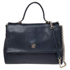 Pre Owned Carolina Herrera Navy Blue Leather Minueto Flap Bag