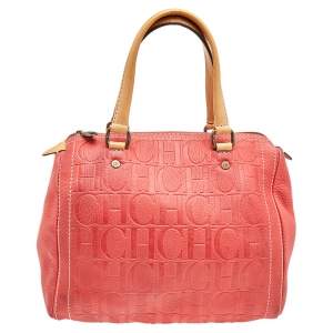 Pre Owned Carolina Herrera Red/Beige Leather Monogram Embossed Andy Boston Bag