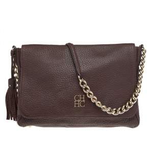 Pre Owned Carolina Herrera Brown Leather Tassel Flap Chain Shoulder Bag