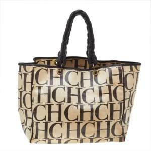 Pre Owned Carolina Herrera Beige/Brown Monogram Canvas And Leather Braided Handle Tote