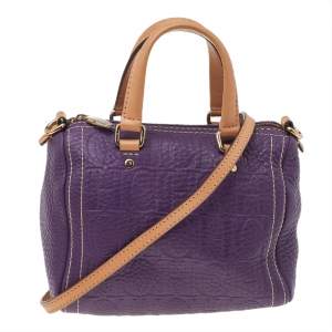 Pre Owned Carolina Herrera Purple Monogram Embossed Leather Mini Andy Boston Bag
