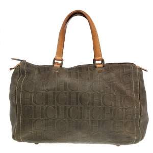 Pre Owned Carolina Herrera Brown Leather Monogram Embossed Boston Bag