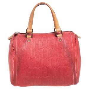 Pre Owned Carolina Herrera Red Monogram Embossed Leather Andy Boston Bag