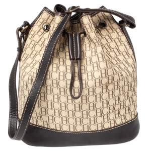 Pre Owned Carolina Herrera Brown/Beige Monogram Canvas and Leather Drawstring Bucket Bag