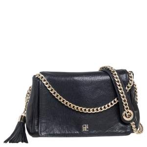 Carolina Herrera Black Leather Chain Flap Shoulder Bag