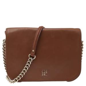Pre Owned Carolina Herrera Brown Leather Chain Flap Shoulder Bag