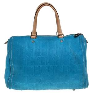 Pre Owned Carolina Herrera Bright Blue Monogram Embossed Leather Andy Boston Bag