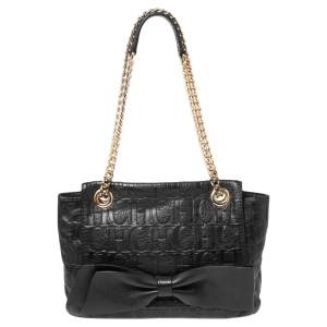 Pre Owned CH Carolina Herrera Black Monogram Leather Audrey Shoulder Bag
